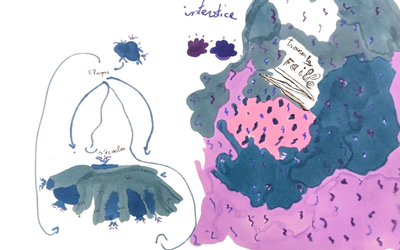 Dessin aux couleurs violet, mauve, gris foncé et bleu relliant des mots : interstice, trouver la faille, flaque, s'écouler.