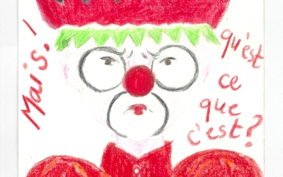 Dessin du clown Eugénie, vêtue de son nez rouge et de sa charlotte sur la tête. 