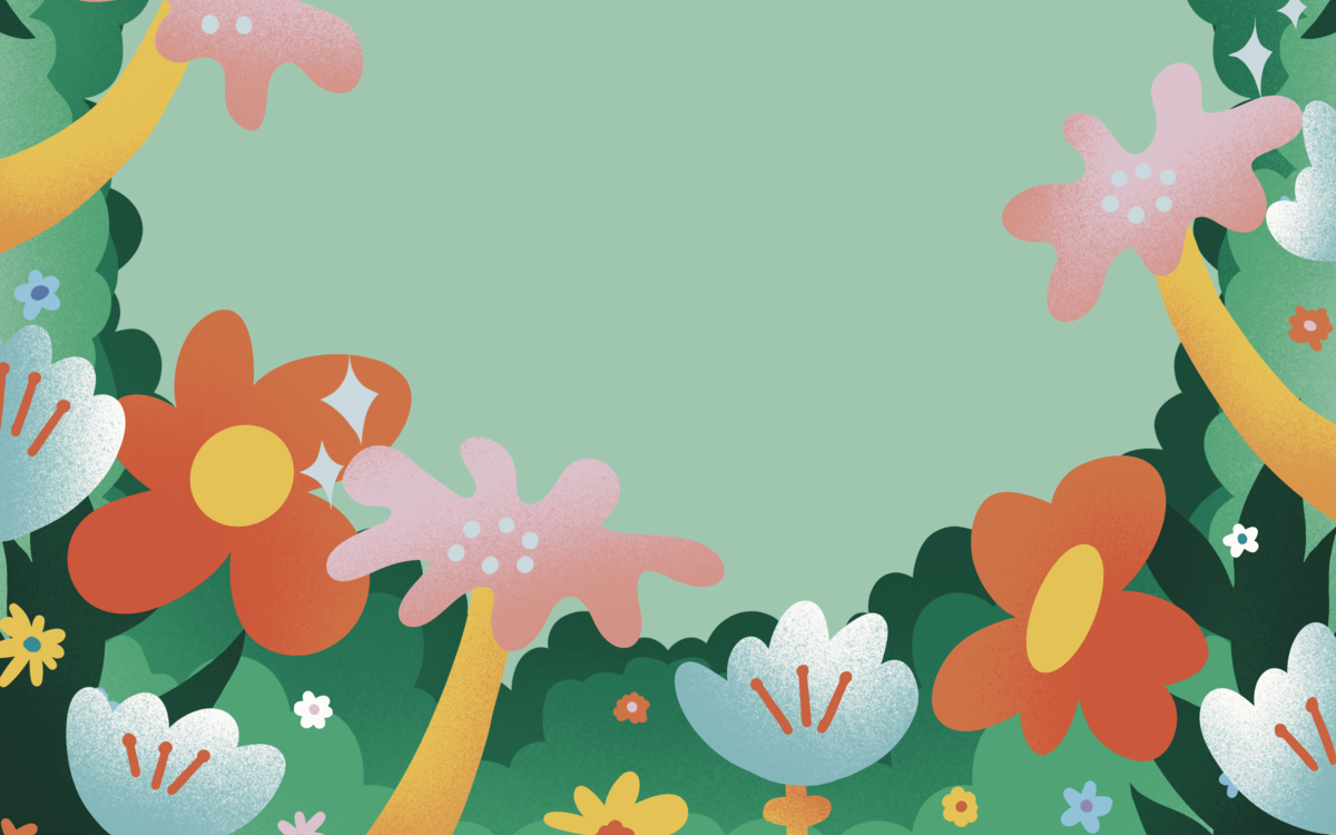 Dessin figuratif d'une lisière de forêt avec des fleurs tropicales, des fleurs des champs et des buissons qui encadrent le visuel. 