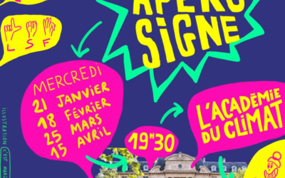 La facade de l'Académie du Climat avc de bulles de BD et de mains signat LSF - langue des signes française