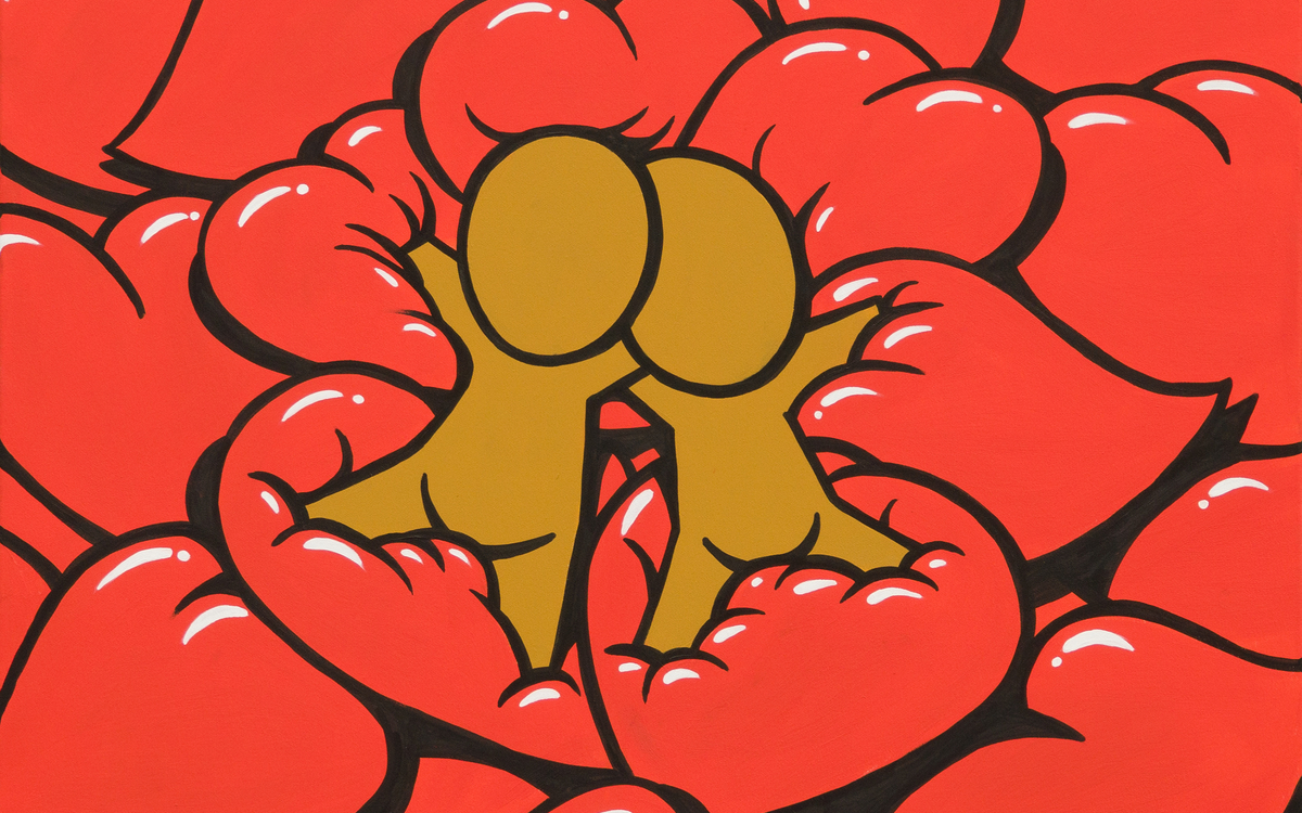 Oeuvre de Jace représentant deux personnages marrons en train de s'enlacer sur des coeurs rouges 