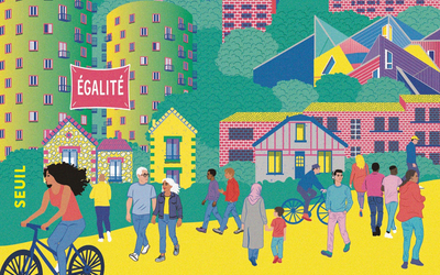 Illustration de Juliette Nicot pour la couverture du livre "9-3, une histoire plurielle de la Seine-Saint-Denis", Seuil 2025