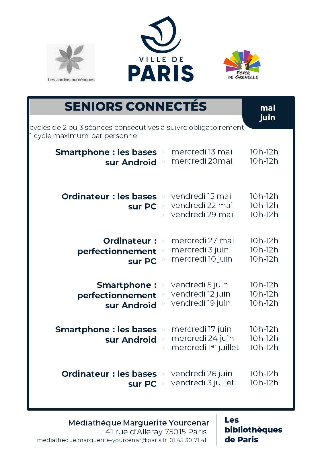 Affiche avec la liste des cycles d'ateliers proposés de mai à juin