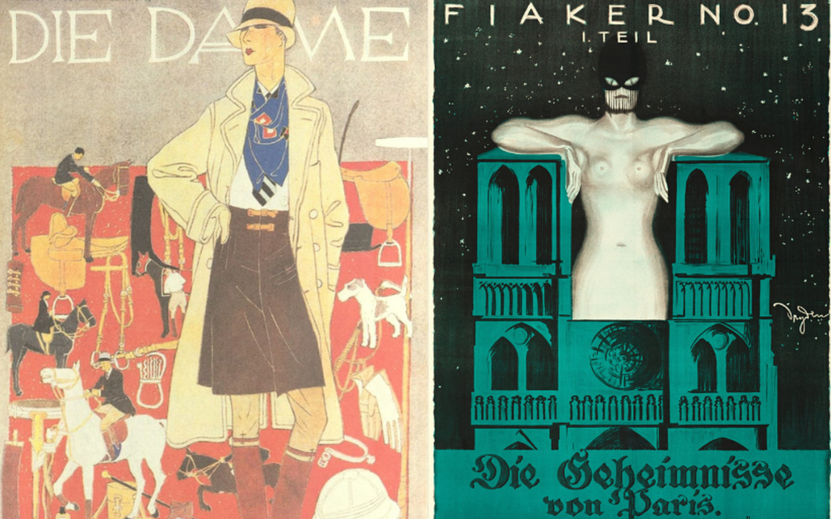 Deux couvertures issues de deux magazines féministes différents. La couverture de gauche montre une femme vêtue d'un trench-coat et d'un pantalon court, dans le style des années 1920. La femme sur la couverture de droite est nue, ne portant qu'un masque de chat dans une scène nocturne.
