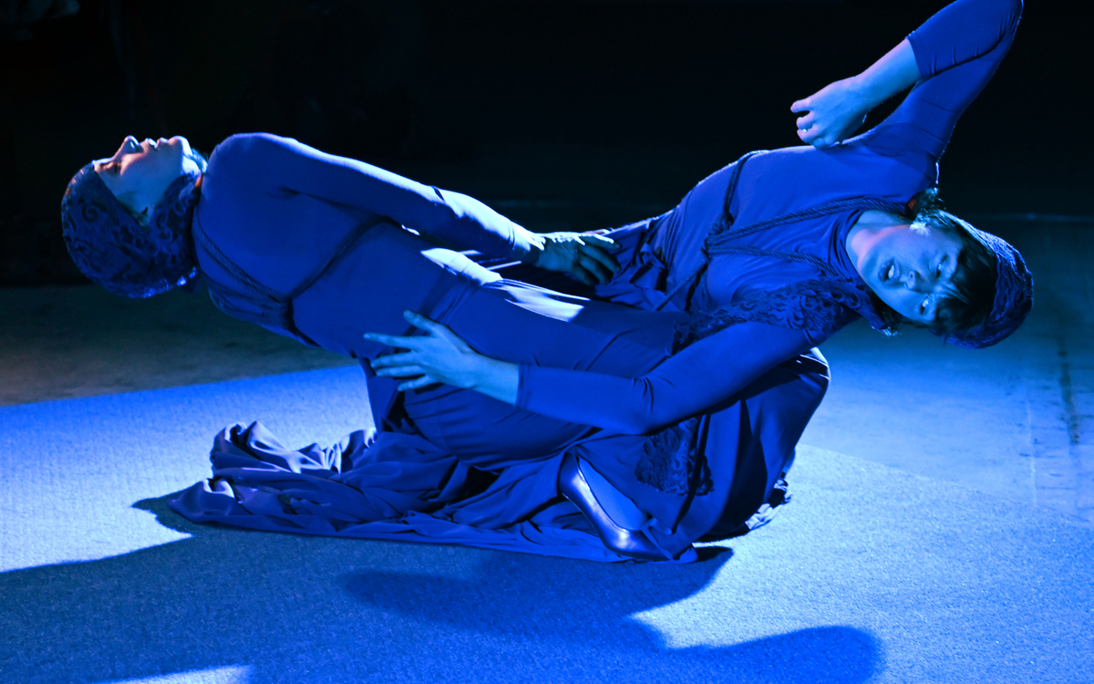 Deux danseurs évoluant sous une lumière bleue monochrome