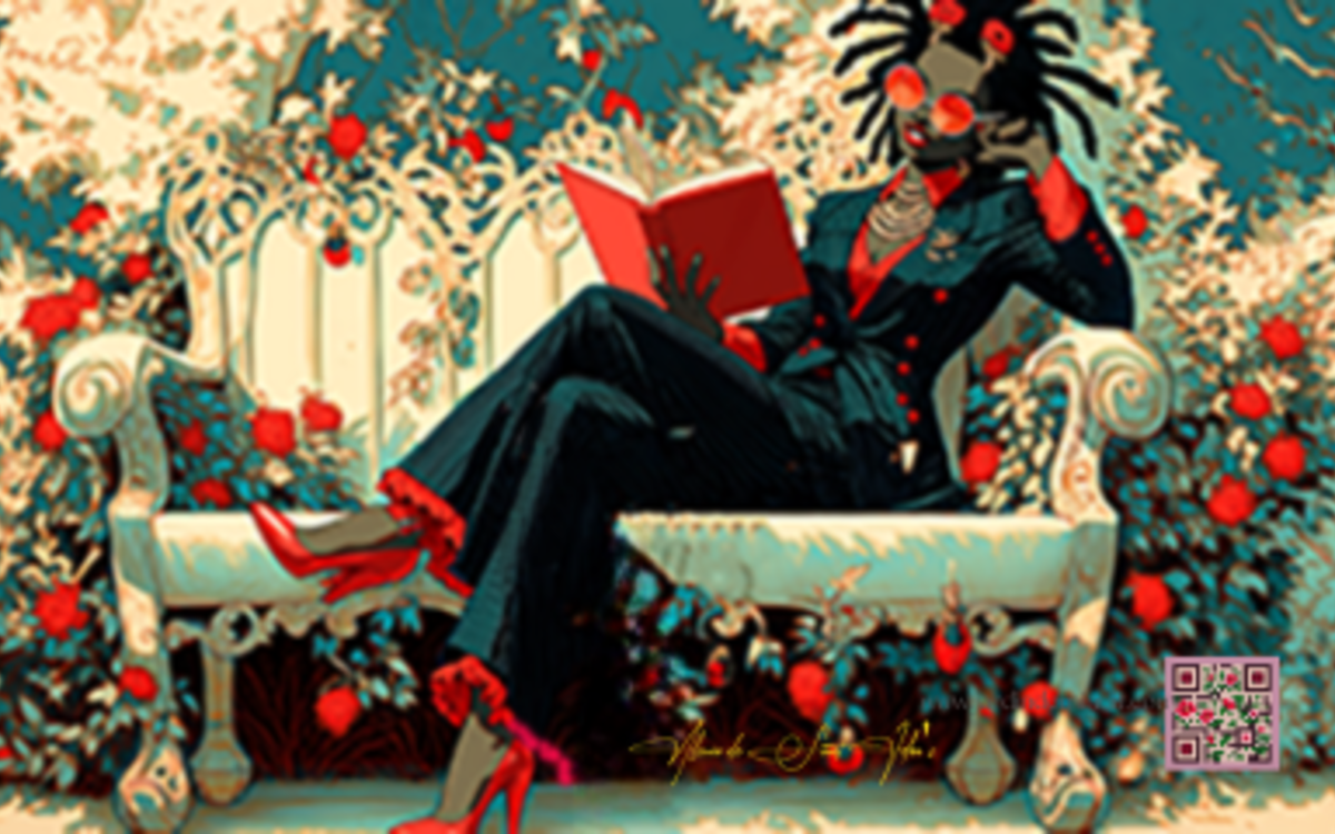 Une femme noire, élégante, assise sur un fauteuil et lisant  de manière concentrée un livre