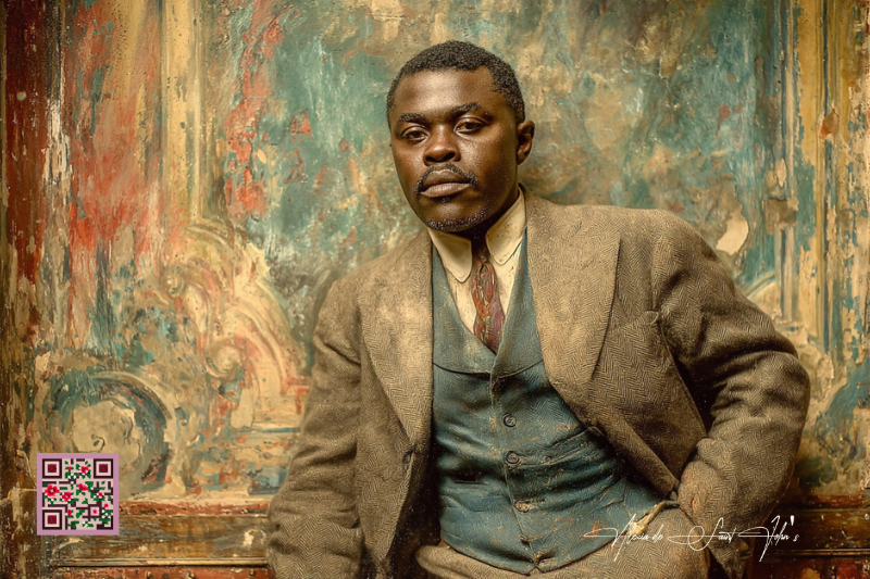 Portrait stylisé de Marcus Garvey, assis en costume devant un mur patiné aux textures picturales, entre photographie transformée et fresque peinte