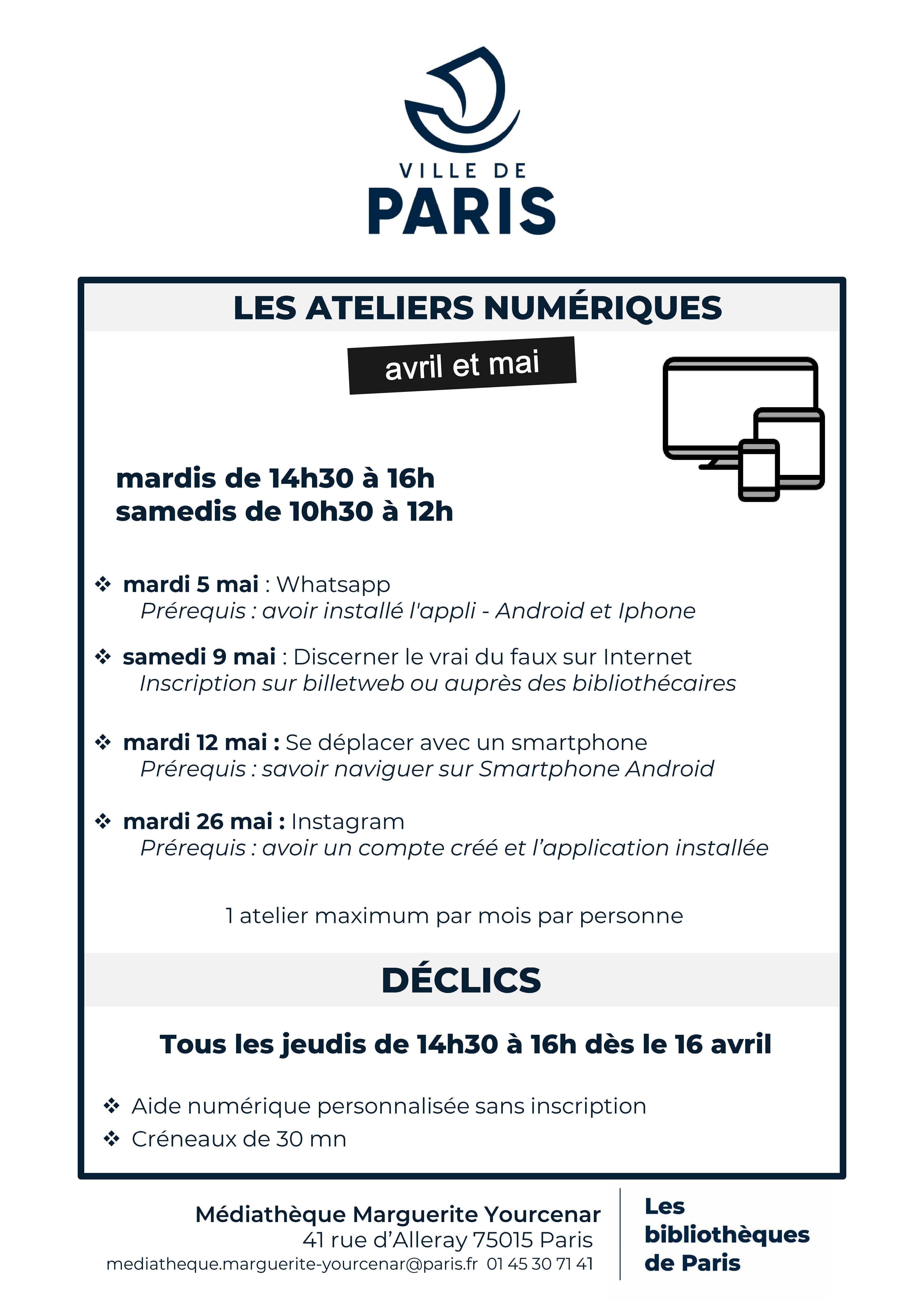 Affiche avec la liste des ateliers numériques de mai 2026