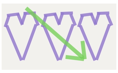 visuel sur un fond gris avec trois cœurs violet côte à côte leurs tracés sont réalisés avec du scotch violet et de la même façon une flèche en scotch vert traverse le cœur du milieu 