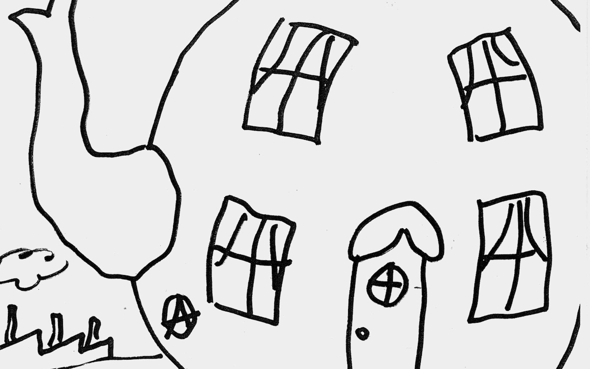 Un dessin d'une maison en forme de théière, une usine qui fume, des nuages