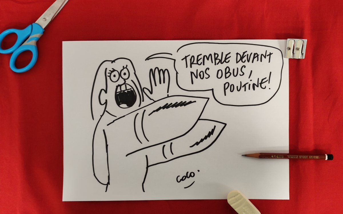 Croquer l'info : dessins satiriques de Coco et Juin, réalisés lors de la rencontre « Guerre en Ukraine la voix des femmes »
