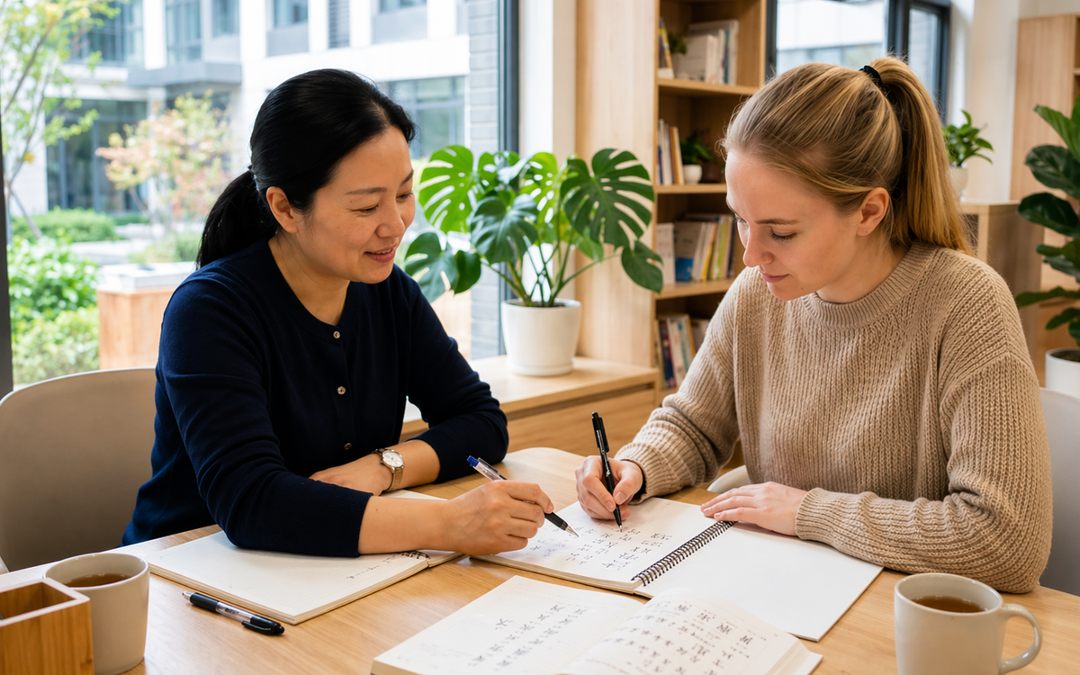 Cours particulier de chinois avec un enseignant et une élève travaillant ensemble l’écriture et la compréhension du mandarin dans un cadre calme