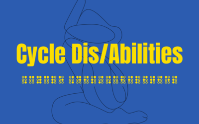 L'illustration représente l'inscription « DisAbilties » en lettres latines et en braille, superposée à un dessin abstrait représentant une personne sur fond bleu. 