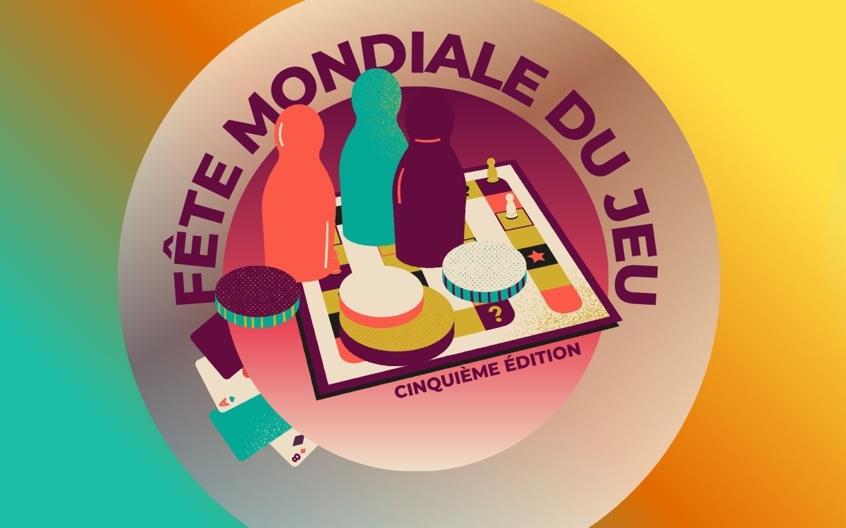 Logo de la fête mondiale du jeu à la Médiathèque Françoise Sagan, composé d'un plateau de jeu, de quilles, de cartes ordonnés dans un cercle.