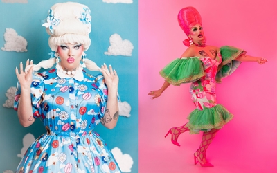 Deux looks, l'un bleu l'un rose, de la drag queen Mademoiselle Kiss