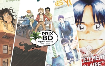 Montage de quatre BD/mangas différentes et bulle de BD indiquant l'évènement Prix BD Sagan-Palissy 2025-2026