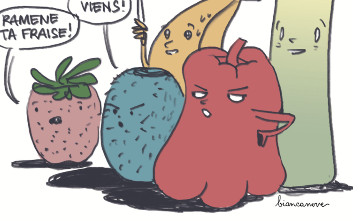 Des fruits et légumes dessinés disent "ramène ta fraise"