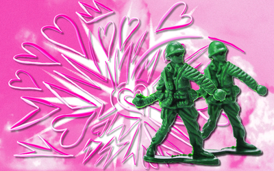 Du rose et des cœurs et devant des soldats en arme