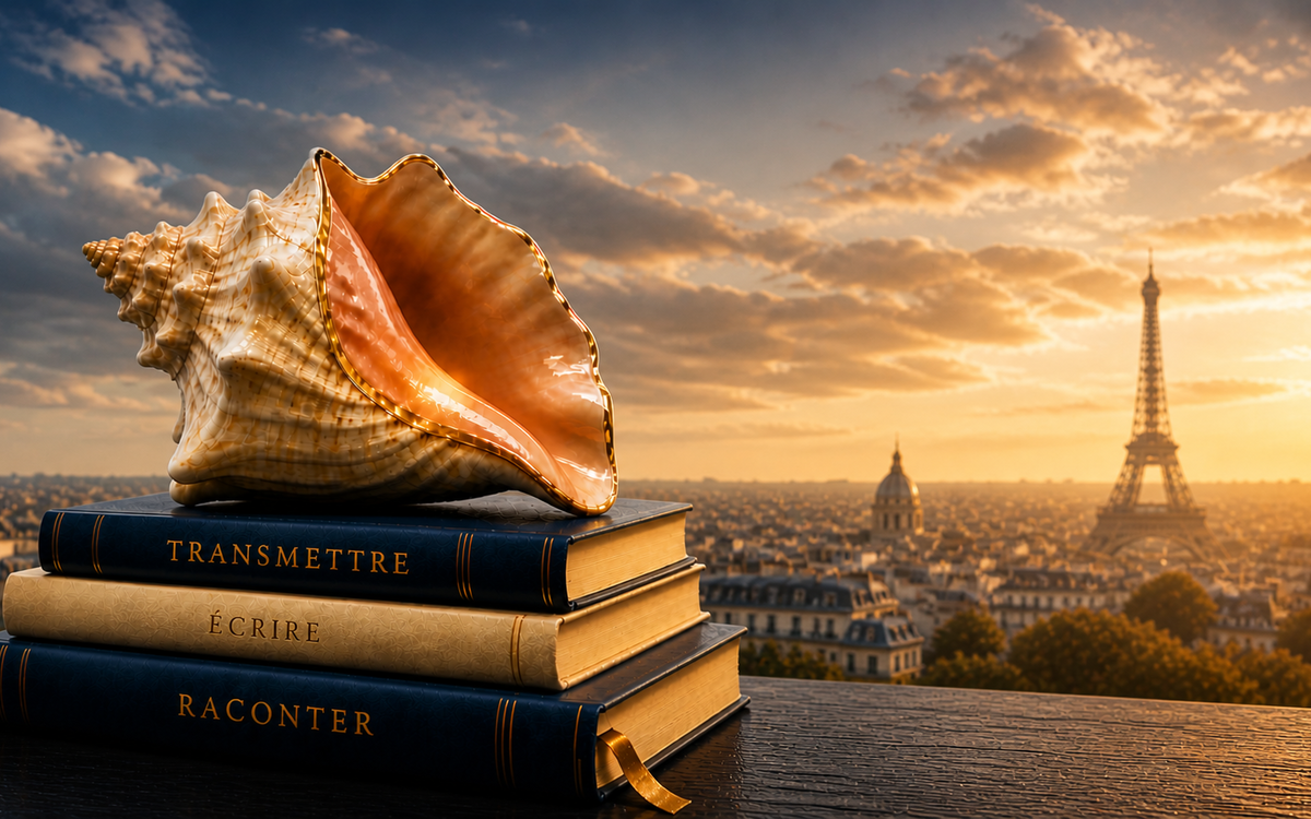 Affiche officielle du SILEK 2026 — Salon International du Livre de l’Espace Kréyolphone. Un lambi monumental émerge d’une pile de livres au cœur d’un paysage nocturne parisien aux tons bleu nuit et or mat. Le visuel évoque la circulation des langues, des imaginaires et des mémoires entre Caraïbes, océan Indien, Amériques et diasporas kréyolphones. Paris apparaît en arrière-plan comme lieu de rencontre et de transmission.