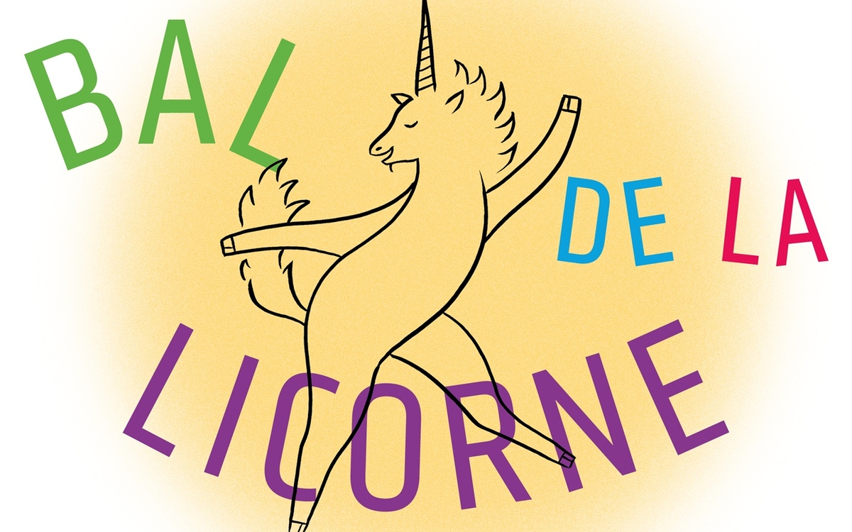 Illustration d’une licorne en train de danser, entourée du texte "Bal de la licorne"