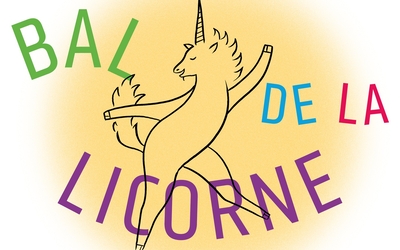 Illustration d’une licorne en train de danser, entourée du texte "Bal de la licorne"