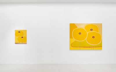 Vue de l'exposition de l'artiste Susumu Kamijo où l'on voit deux toiles représentant des agrumes jaunes
