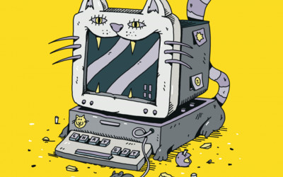 Oeuvre de Kesadi représentant un chat en forme d'ordinateur