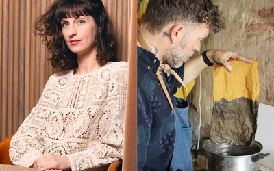 Charlène Delaville dans le salon privé de l’Hôtel Dame des Arts. Joël Dagès dans son atelier à teindre ses textiles