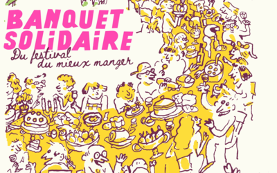 Dessin représentant des convives sur une longue table