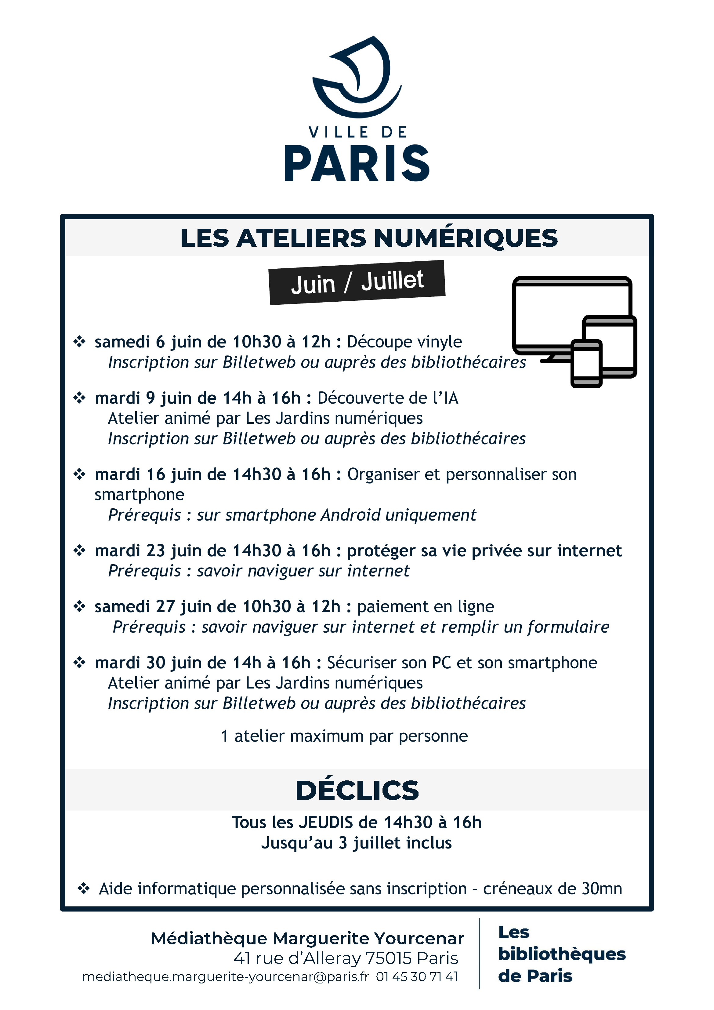 Affiche avec la liste des ateliers proposés