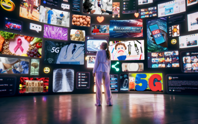 Une femme devant une multitude d'écran proposant des informations en santé