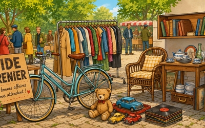 un vide grenier qui se déroule dans un espace arboré