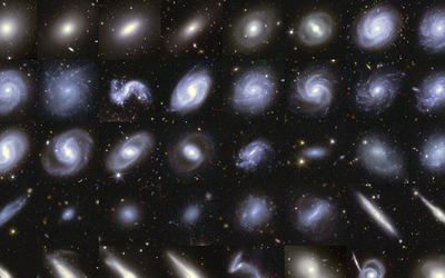 40 galaxies vues par le satellite Euclid, alignées les unes au-dessus des autres.