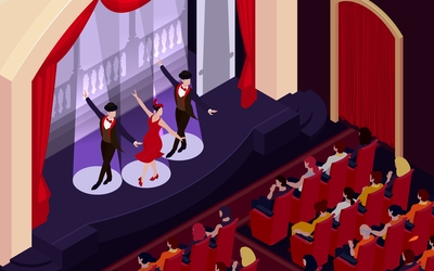 dessin d'un trio (une femme et deux hommes) sont en train de danser sur le scène d'un théâtre 