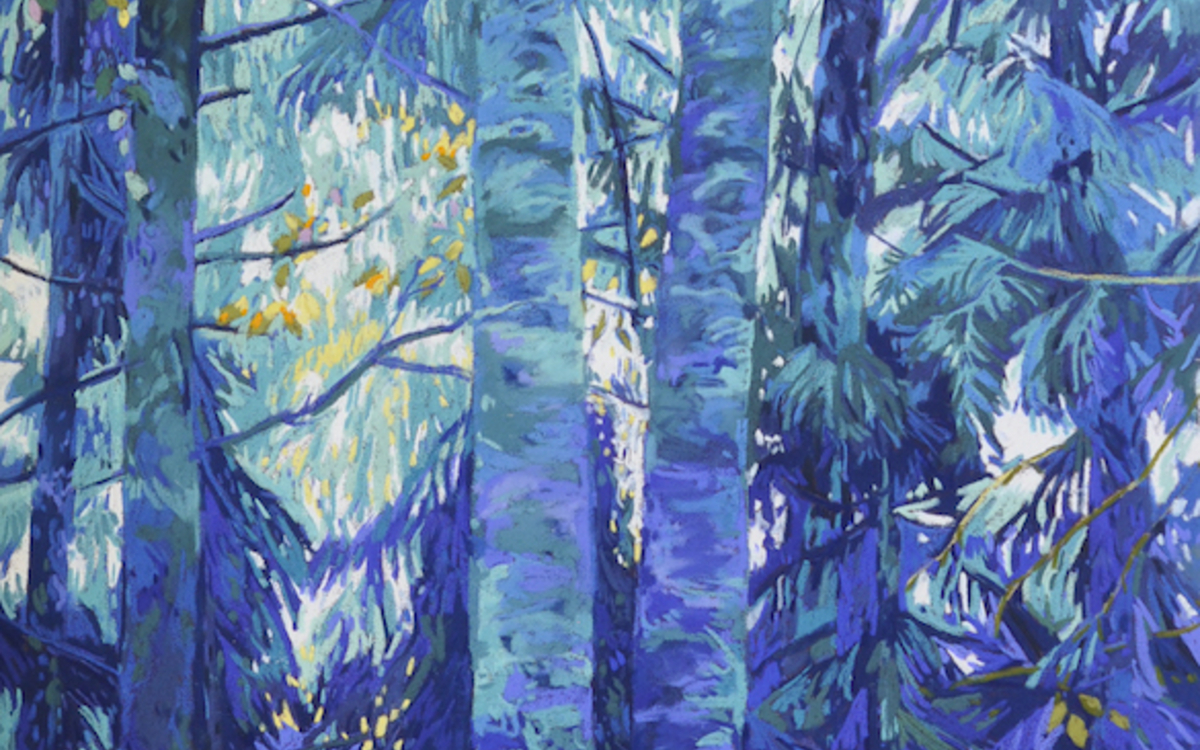 Solenn Marrel Forêt bleu électrique 2026, pastel sur papier, 100 x 50 cm