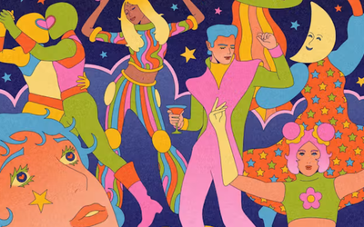 Illustration colorée représentant plusieurs personnes en train de danser 