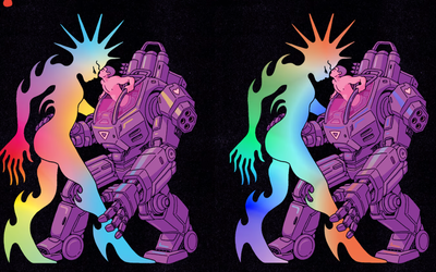 Illustration représentant une créature colorée qui embrasse un homme-robot