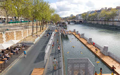 Vue plongeante de la future baignade avec les bouées, depuis le Pont Louis-Philippe. 