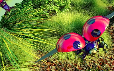 Robot coccinelle volant au dessus d'herbes vertes