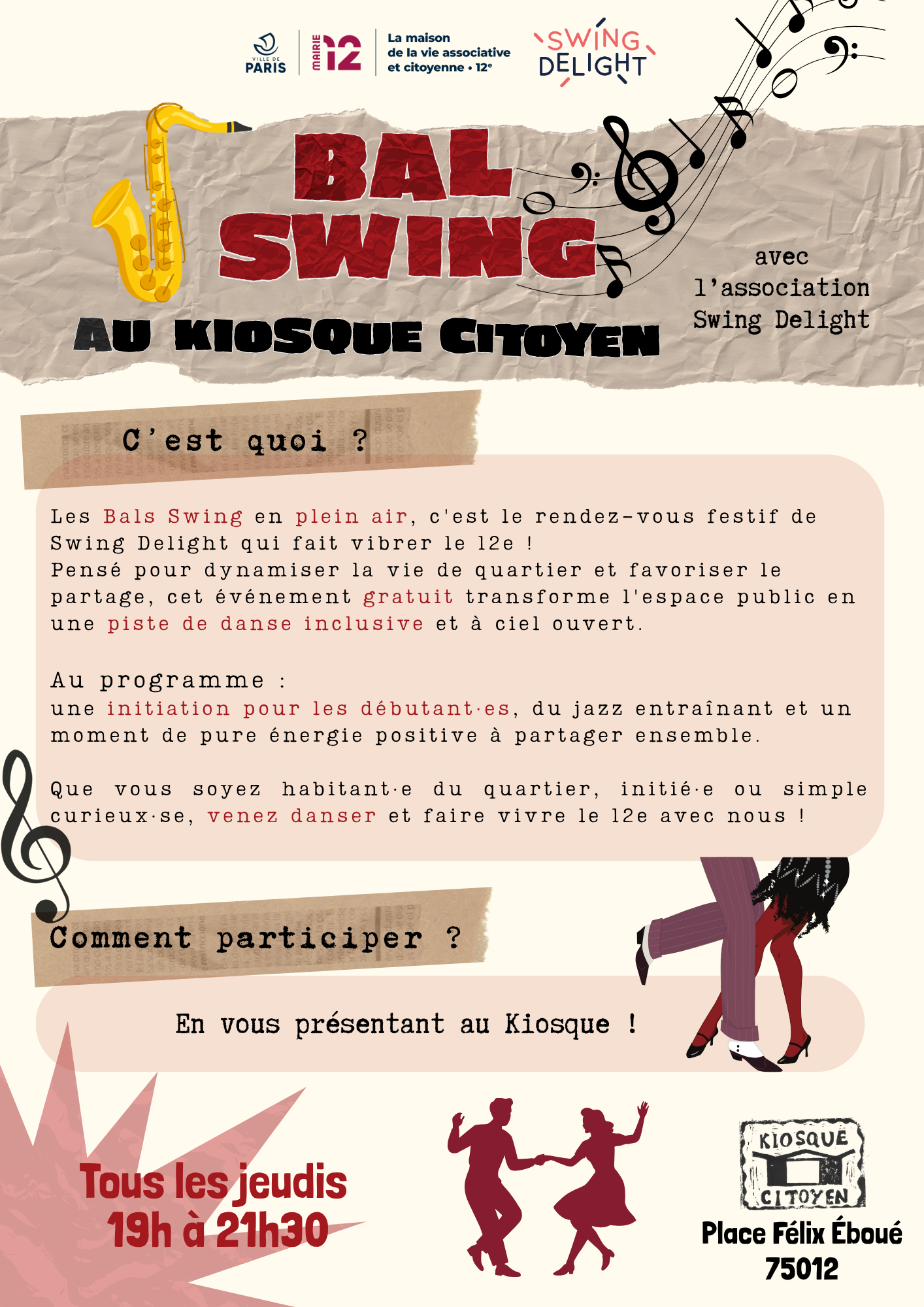 Affiche sur l'évènement bal swing au Kiosque Citoyen du 12e arrondissement.