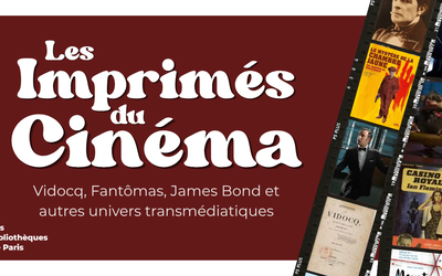 a droite des photos présentées comme une pellicule de cinéma avce Navarre et Funès en Fantômas, à gauche le titre "les imprimés du cinéma" 
