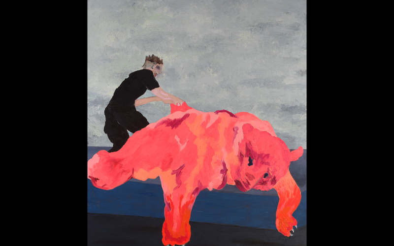 Toile de Florian Krewer représentant un homme habillé en noir tirant un ours peint en rose