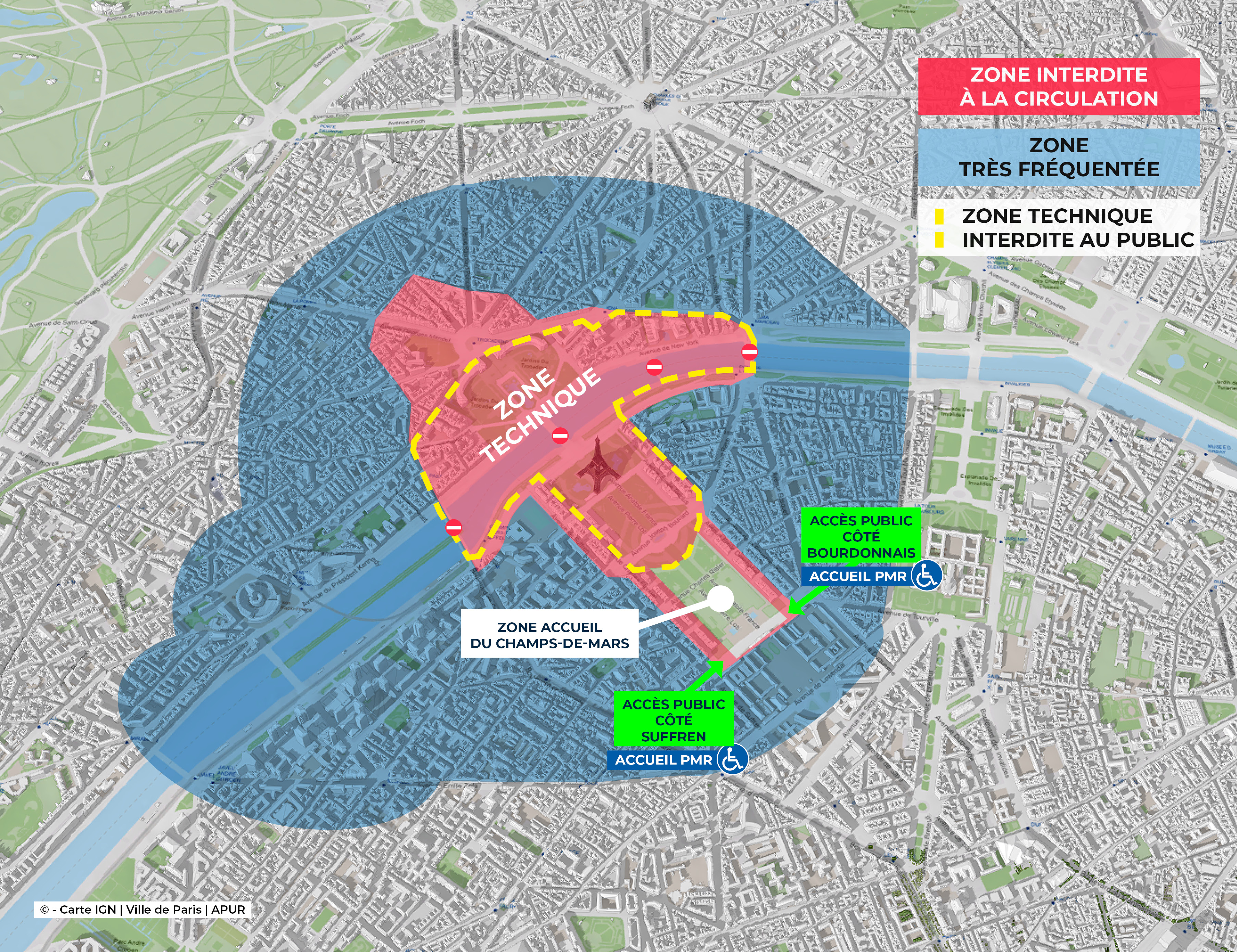 Le plan de la zone d'accueil du public entre le Champ-de-Mars et le Trocadéro