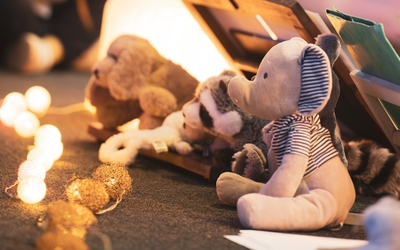Plusieurs peluches alignés au sol devant une guirlande boules de lumière. Au premier plan un éléphant, au deuxième plan un raton laveur, un chien au 3e plan.
