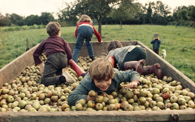 Photographie représentant des enfants en train de jouer dans un cageot de pommes