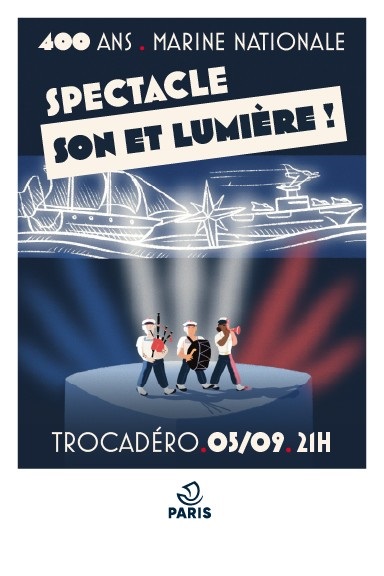 L'affiche du spectacle son et lumière de Marine Nationale, 4 personnages sur scène
