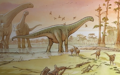 Affiche de l'exposition "Sur les traces des dinosaures" dessinée par Mazan on y voit des dinosaures