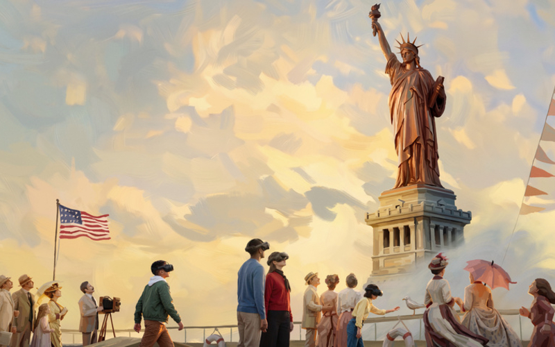 Visuel de la Statue de la Liberté au milieu de gens qui l'observent