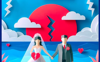 Visuel représentant une femme et un homme mariés avec un éclair au milieu d'un décor paradisiaque 