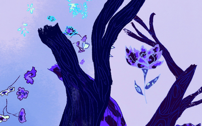 Des arbres sombres sont en bas à droite, il y a des fleurs violet et bleues